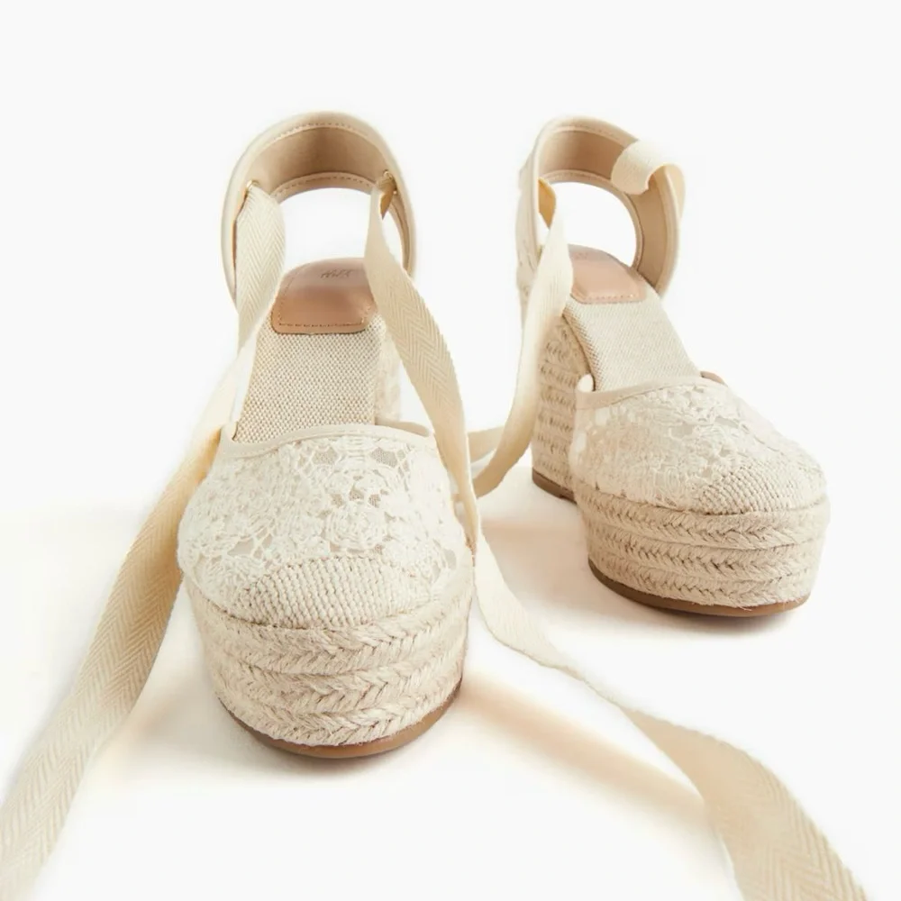 H&M Wedge Espadrille Sandals Ivory Lace Heels Size 11